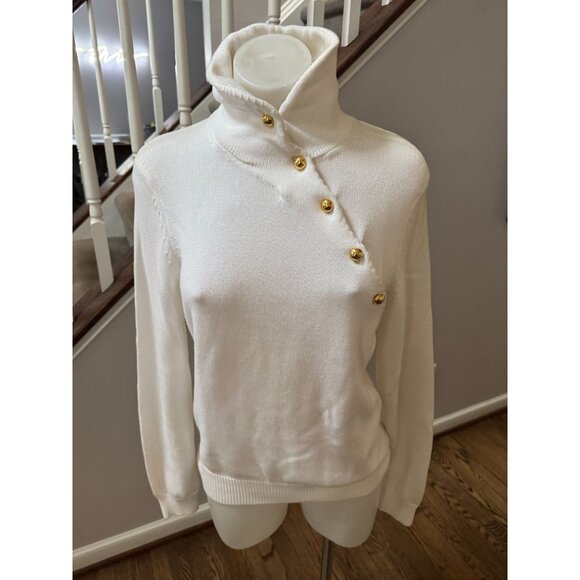 Lilly Pulitzer White Cotton Button Detail Mock Neck Knit Sweater Size Medium - Picture 2 of 3